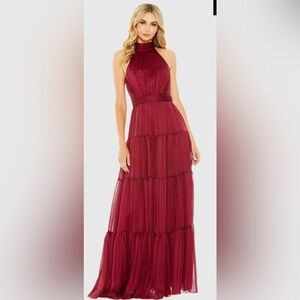 Mac Duggal Burgundy Tie Halter Neck Maxi Dress / Gown